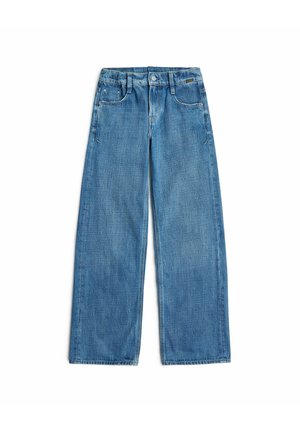 Jean en denim bleu coupe droite avec poches avant, passants pour ceinture et fermeture par bouton sur fond blanc.