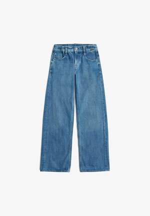 Jean en denim bleu coupe droite avec poches avant, passants pour ceinture et fermeture par bouton sur fond blanc.