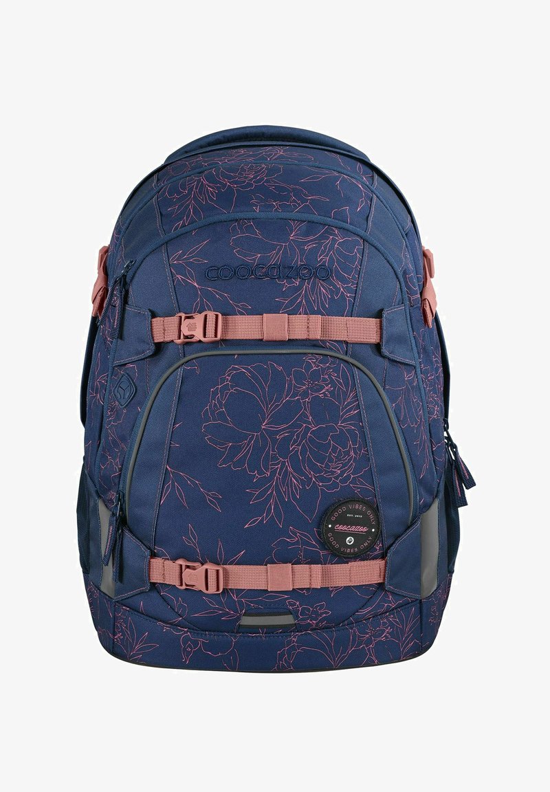 Navyfarbener Rucksack mit pinken Blumenmustern, verstellbaren Trägern, vorderer Schnalle, mehreren Fächern und runder Logoplatte.