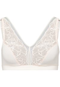 Spetsbralette i mjuk rosa med en v-ringad design, som har blommönster på kuporna och en slät band. Justerbara axelband ingår.