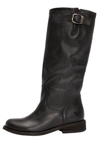 Black leather knee-high boot with a round toe, textured surface, and a buckle accent on the side. Low stacked wooden heel.
