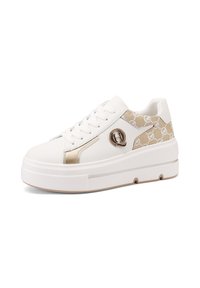 Sneakers platform bianchi con dettagli dorati, dotati di logo, pannello laterale testurizzato e chiusura con lacci. Suola in gomma con fondo testurizzato.