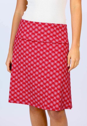 Rote Rock aus strukturiertem Stoff mit einem Diamantmuster in Rosa und Weiß, mit einer taillierten Taille und einem ausgestellten Saum.