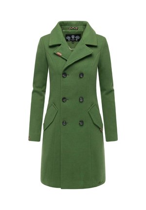 Green wool blend peacoat featuring a double-breasted front, large black buttons, notched collar, and side pockets. Smooth, textured fabric.