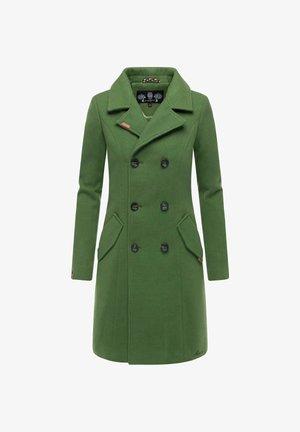 Manteau en mélange de laine vert, avec un double boutonnage à l'avant, de grands boutons noirs, un col cranté et des poches latérales. Tissu lisse et texturé.