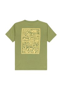 Olive green t-shirt with a yellow abstract floral and geometric design on the back. Short sleeves, cotton fabric, crew neck.