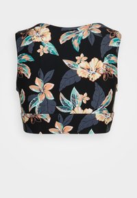 Zwarte crop top met een bloemmotief van oranje en teal bloemen, gemaakt van een gladde, rekbare stof.