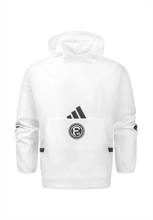 Hvid hættetrøje med sort Adidas-logo over en stor forlomme med et rundt "F95" emblem i sort og hvid.