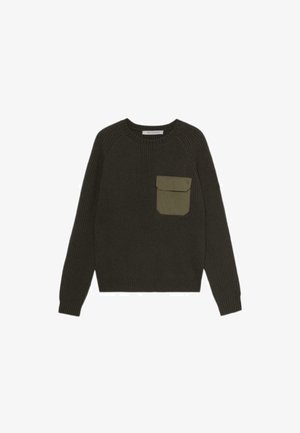 Dunkelgrüner gestrickter Pullover mit gerippter Textur, Rundhalsausschnitt und einer vorderen Tasche in kontrastierendem Olivgrün.
