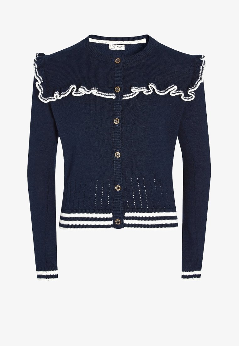 Cardigan bleu marine à boutons avec détails volants blancs sur les épaules et ourlet et poignets rayés blancs, en tissu tricoté.