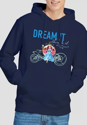 Navy blue hoodie featuring a graphic design of a carriage and princess, with text "DREAM IT then do it" in blue and white.