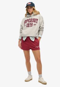 Grijze hoodie met rode letters, kastanjebruine shorts met logo, lichtblauw geruit overhemd eronder, en marineblauwe pet met rode accenten.