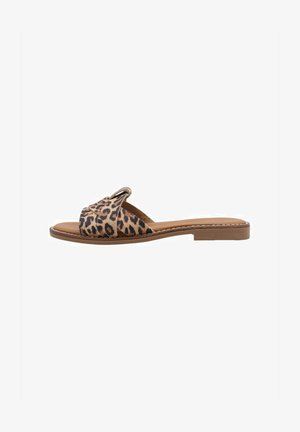 Leopard print slide sandal with a soft fabric upper, flat brown sole, and open-toe design. Features a folded strap for added comfort.