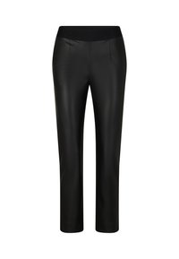 Black faux leather slim-fit pants with elastic waistband and subtle front seam details, displayed on a white background.