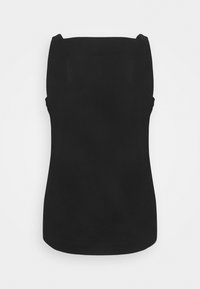 Haut noir sans manches au design simple, avec un décolleté droit et un ourlet arrondi. Confectionné dans un tissu doux à la texture lisse.