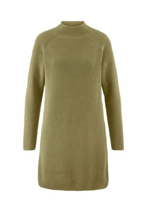 Strickpullover in Olivgrün mit hohem Hals, langen Ärmeln und geripptem Muster für zusätzlichen Wärme- und Tragekomfort.