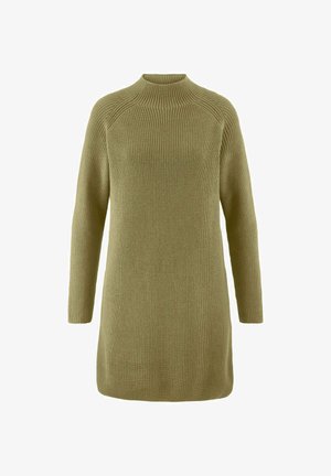 Strickpullover in Olivgrün mit hohem Hals, langen Ärmeln und geripptem Muster für zusätzlichen Wärme- und Tragekomfort.