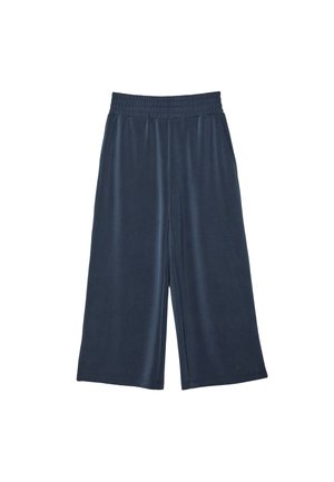Pantalon large bleu marine raccourci avec taille élastique et poches latérales, fabriqué en tissu doux et lisse.