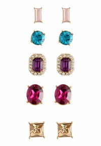 Set of earrings featuring various gemstones: pink rectangular, blue and turquoise rounds, purple octagonal, red ovals, and gold square accents.