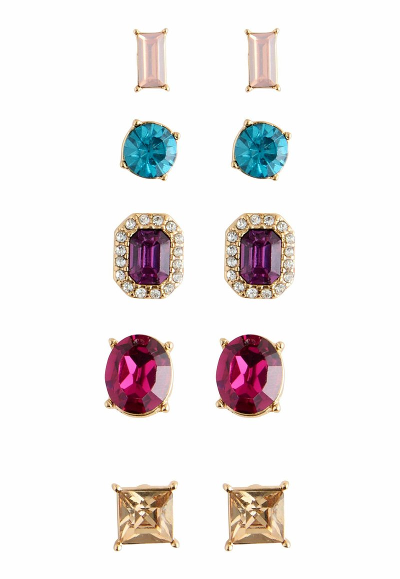Set of earrings featuring various gemstones: pink rectangular, blue and turquoise rounds, purple octagonal, red ovals, and gold square accents.