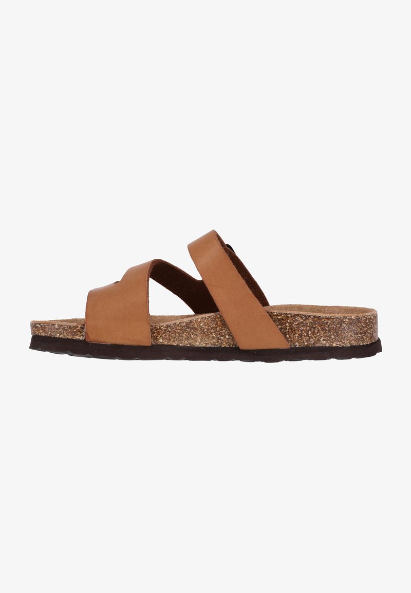 Brown leather slide sandal with two overlapping straps, cork midsole, and textured rubber outsole. Flat design and casual style.