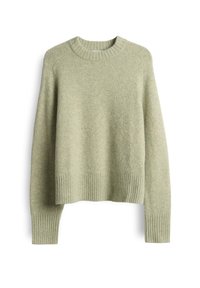 Light green woolen sweater with ribbed crewneck, cuffs, and hem, displayed on a white background.