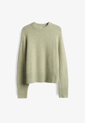 Hellgrüne Wollpullover mit geripptem Rundhalsausschnitt, Bündchen und Saum, auf weißem Hintergrund präsentiert.