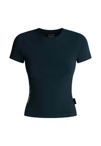 T-shirt attillato a maniche corte realizzato in tessuto blu navy, con scollo tondo e dettagli laterali testurizzati con branding bianco.