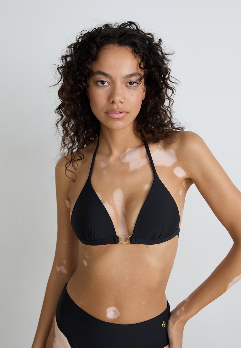 Black bikini with a triangle top and gold hardware detail at the center. The bottoms are high-waisted, featuring a small logo accent.