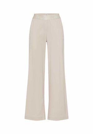 Beige bukser med brede ben og elastisk taljebånd med diskret logo, løs pasform, ingen synlige lommer eller udsmykninger, ensfarvet design.