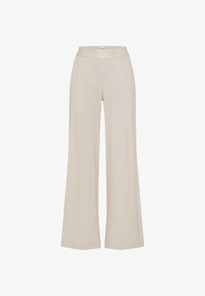 Beige bukser med brede ben og elastisk taljebånd med diskret logo, løs pasform, ingen synlige lommer eller udsmykninger, ensfarvet design.