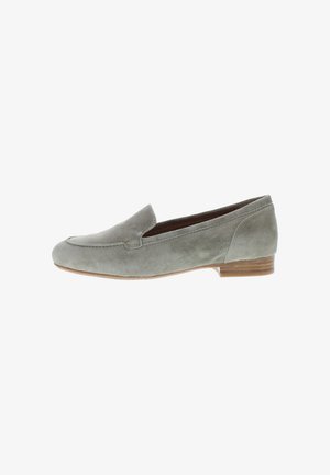 Suede loafers in light grey with a rounded toe and small heel. Features stitched detailing and a smooth, matte texture.