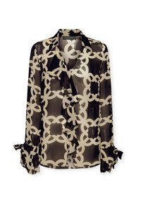 Langärmlige Bluse aus durchscheinendem schwarzen Chiffon mit einem geometrischen cremefarbenen Muster, gerafftem Vorderteil und gerüschten Manschetten mit Bindebändern.