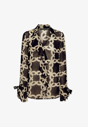 Bluzka z długim rękawem z przezroczystego czarnego szyfonu z geometrycznym kremowym wzorem, z falbanami z przodu i bufkami przy mankietach z wiązaniami.
