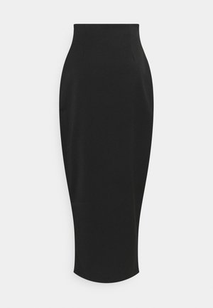 Jupe crayon noire taille haute avec une silhouette ajustée et un ourlet légèrement effilé, présentée sur un fond clair.