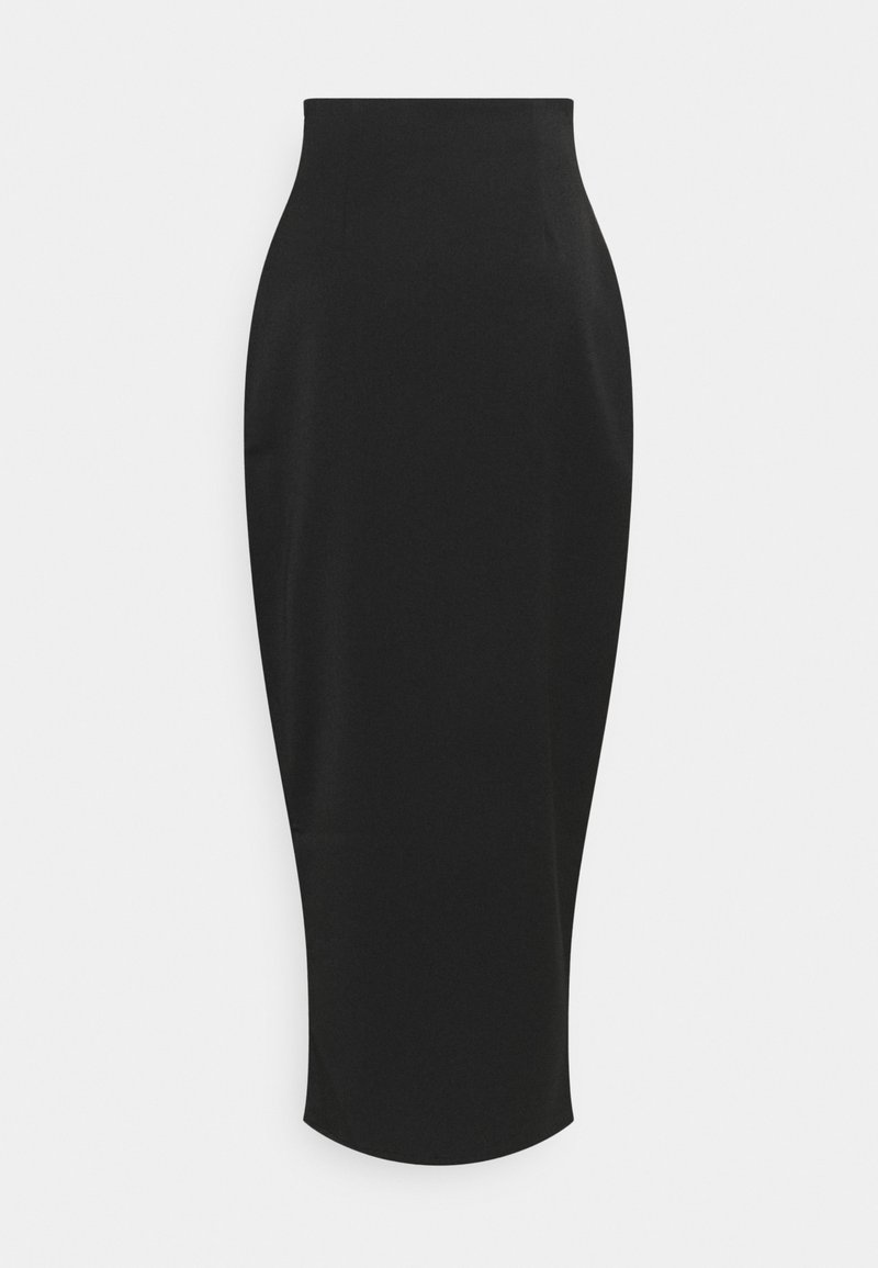 Jupe crayon noire taille haute avec une silhouette ajustée et un ourlet légèrement effilé, présentée sur un fond clair.