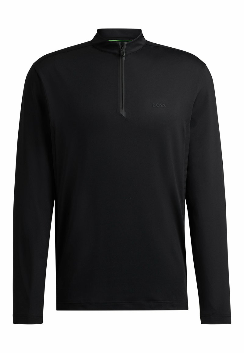 Suéter negro de manga larga con media cremallera en la parte delantera y cuello tipo alzado. Presenta un logo sutil en el pecho y un tejido suave y texturizado.