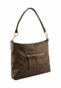 Borsa a tracolla in pelle marrone con una tasca con cerniera dorata, texture liscia, ampio scomparto principale e una singola tracolla regolabile.