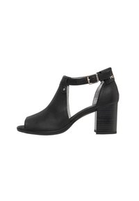 Black open-toe heeled shoe with textured upper, featuring a side buckle strap and a solid block heel, designed for stability.