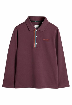 Burgundowa koszulka polo z długim rękawem, z kolorową, paskowaną plisą i haftowanym logo Paula Smitha na piersi.