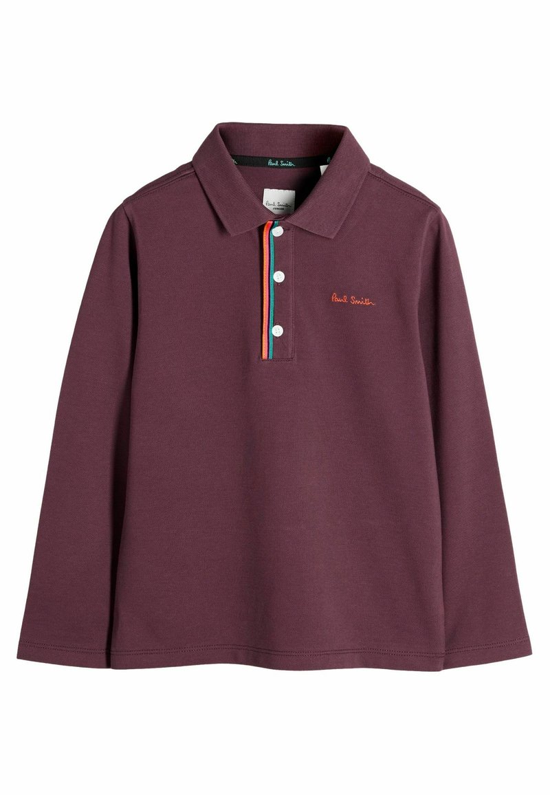 Polo shirt a maniche lunghe di colore bordeaux con un colletto a righe colorate e il logo di Paul Smith ricamato sul petto.
