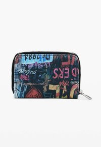 Zippered wallet with colorful, graffiti-style prints featuring various numbers and shapes on a textured fabric surface. Black zipper and hardware.