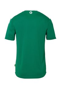 Green athletic shirt with white accents, short sleeves, a round collar, and smooth, lightweight fabric, featuring a logo on the back.