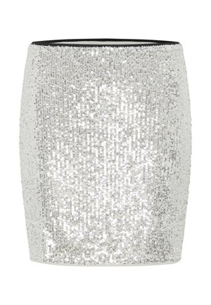 Gonna argento con paillettes, dal design aderente, con una texture liscia e una vita nera. Presenta elementi luminosi e riflettenti su tutta la superficie.