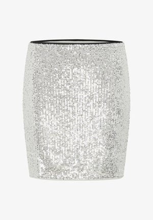 Silver sequined skirt with a fitted design, smooth texture, and a black waistband. Features shine and reflective elements throughout.