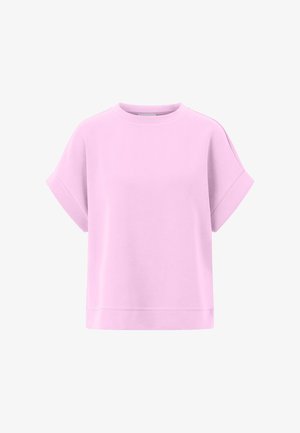 Short-sleeve light pink cotton t-shirt with rolled cuffs and crew neck, displayed on a white background.
