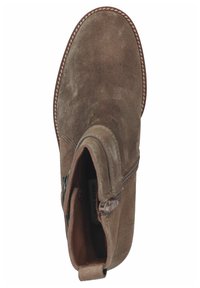 Stivale alla caviglia in suede marrone con zip laterale, punta rotonda, dettagli cuciti e una consistenza morbida. Fodera interna visibile dall'apertura.