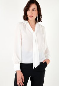 White, sheer blouse with a tie-neck design, long sleeves, and buttoned cuffs. Smooth texture with a lightweight appearance.