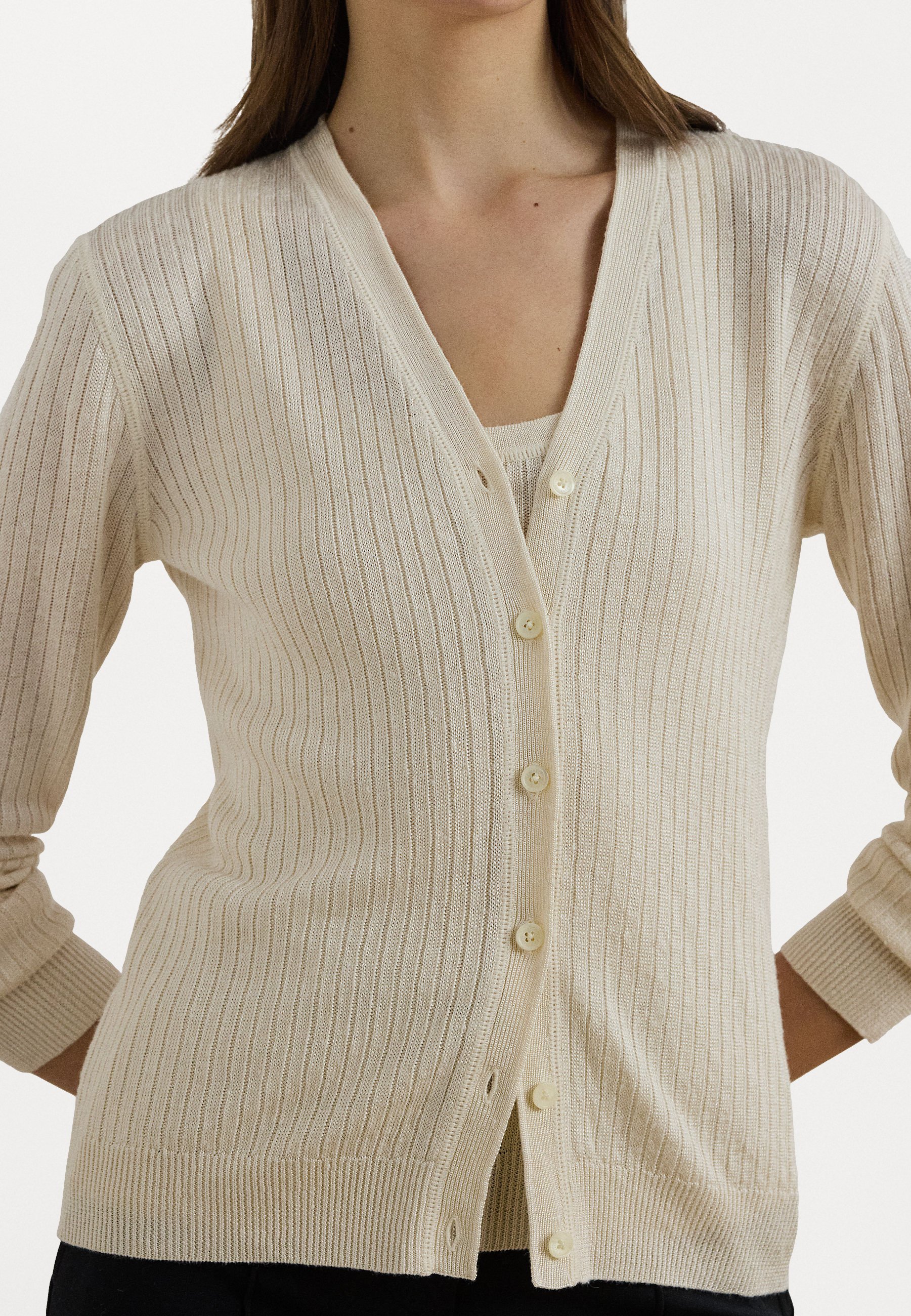 売れ筋商品|||ラルフローレン ニット&セーター レディース アウター Rib Knit Linen Blend V Neck Cardigan - Cardigan - mascarpone cream Lauren Ralph Lauren Women's Rib-Knit Linen-Blend V-Neck