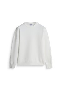 Witte sweatshirt van zacht materiaal, met een ronde hals, lange mouwen en ribgebreide manchetten en zoom. Gladde, ongeversierde textuur.